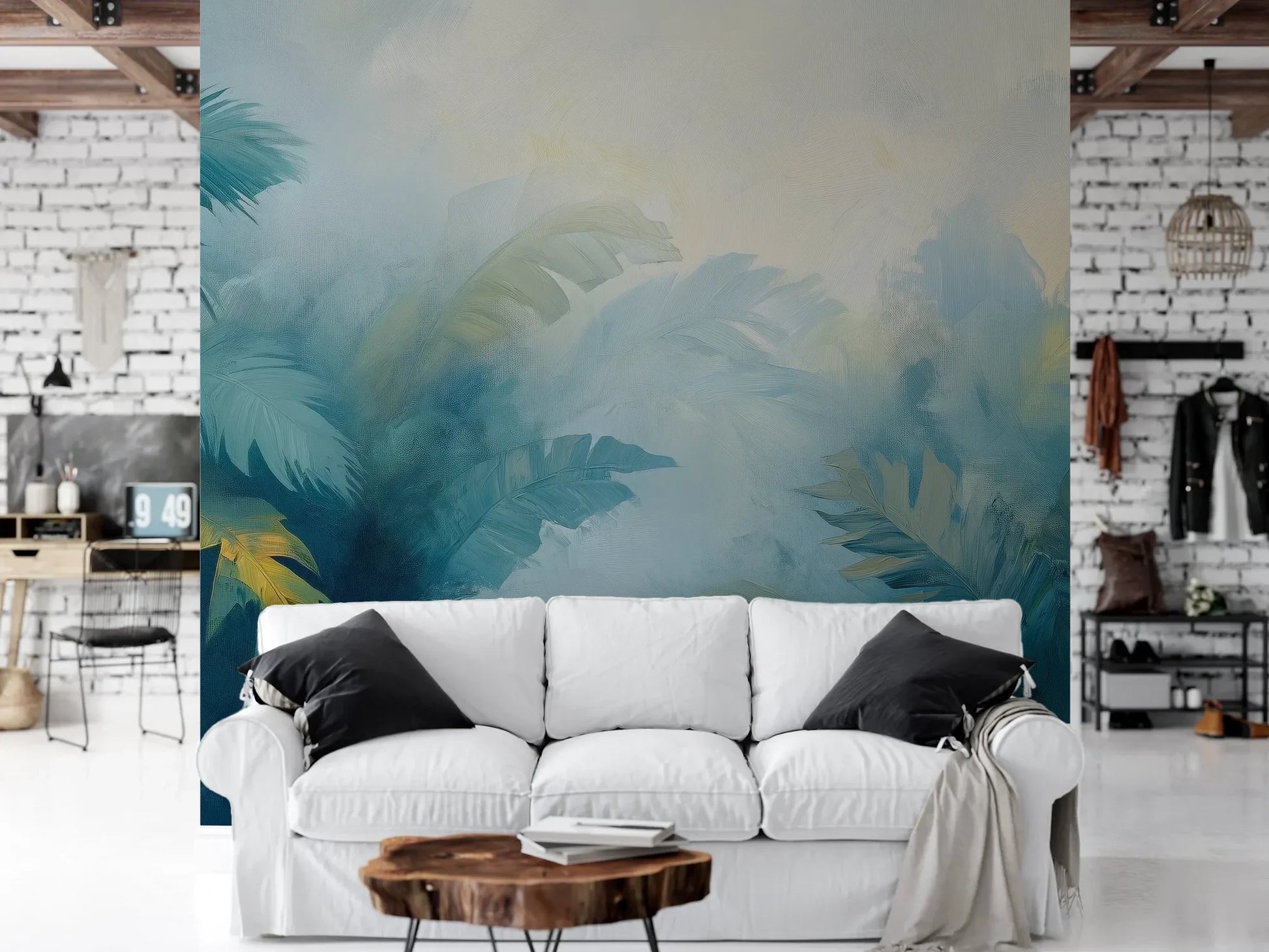 Wzór fototapety AQUA DREAMS - tapeta z mglistym tropikalnym pejzażem pokazanej w aranżacji salonu.