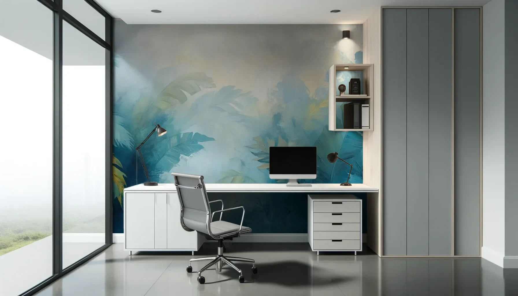 Fototapeta AQUA DREAMS - tapeta z mglistym tropikalnym pejzażem pokazana w aranżacji biura.