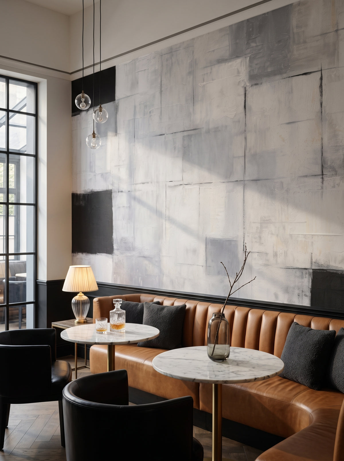 Fototapeta artystyczna o nazwie Chromatic Layers w aranżacji wnętrza: bar-lounge w butikowym hotelu.