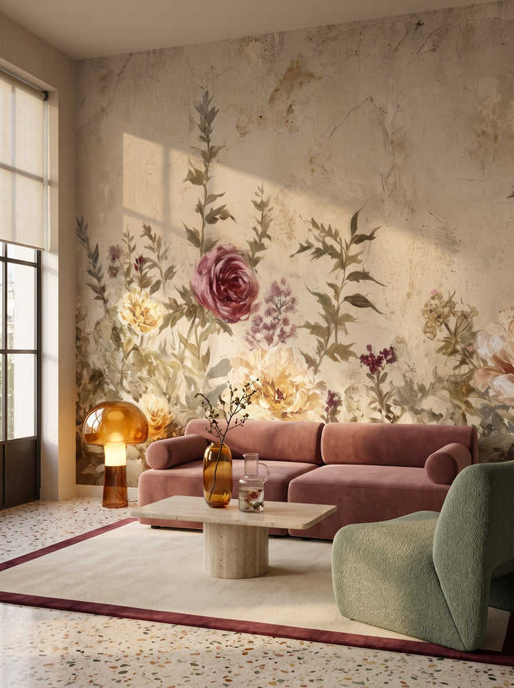 Fototapeta artystyczna o nazwie Antique Blossom w aranżacji wnętrza: salon w mediolańskim apartamencie z lat 70..