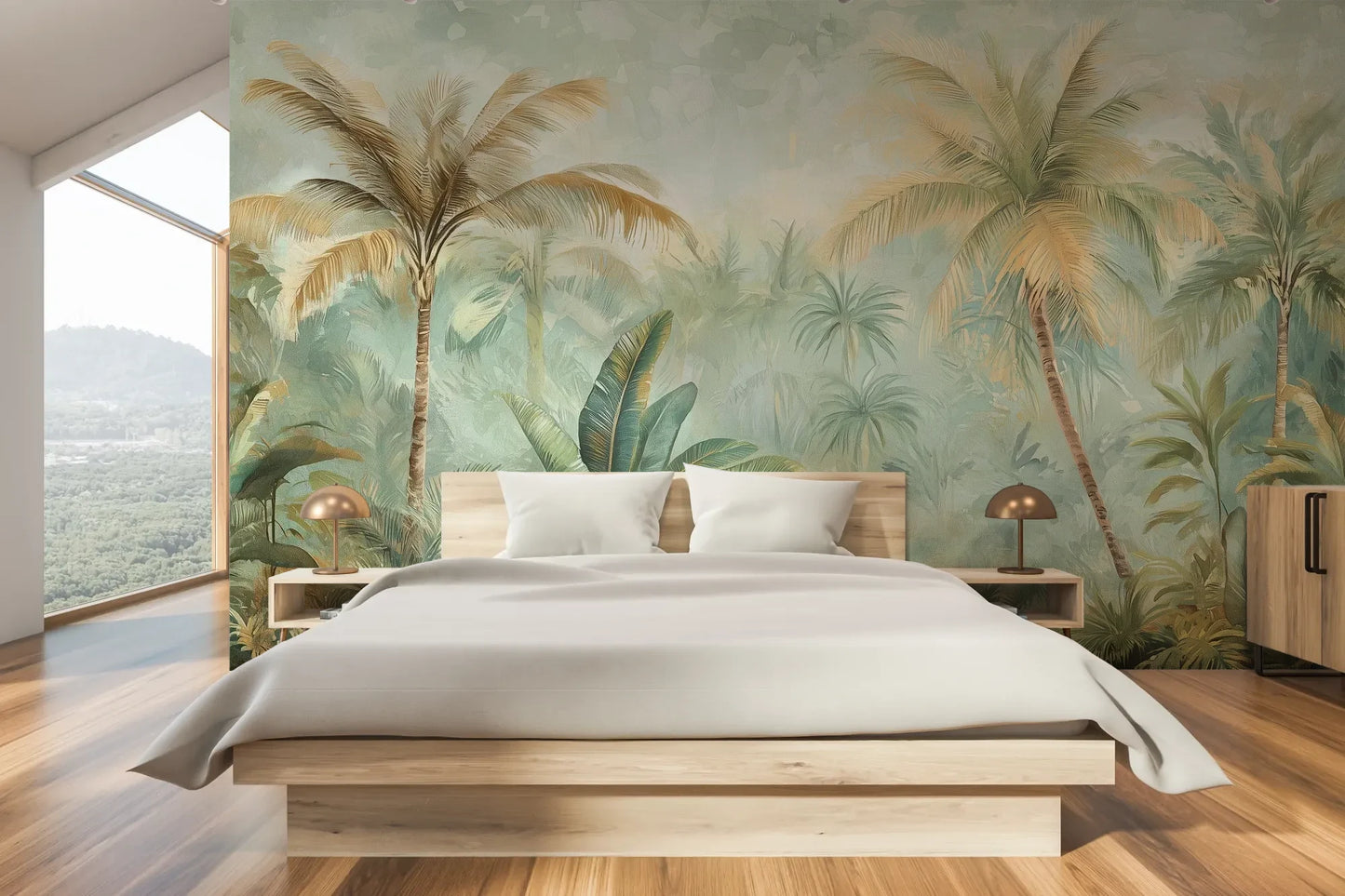 Wzór fototapety PALMERA BREEZE - tapeta z tropikalną oazą palm i roślinności pokazanej w aranżacji sypialni.