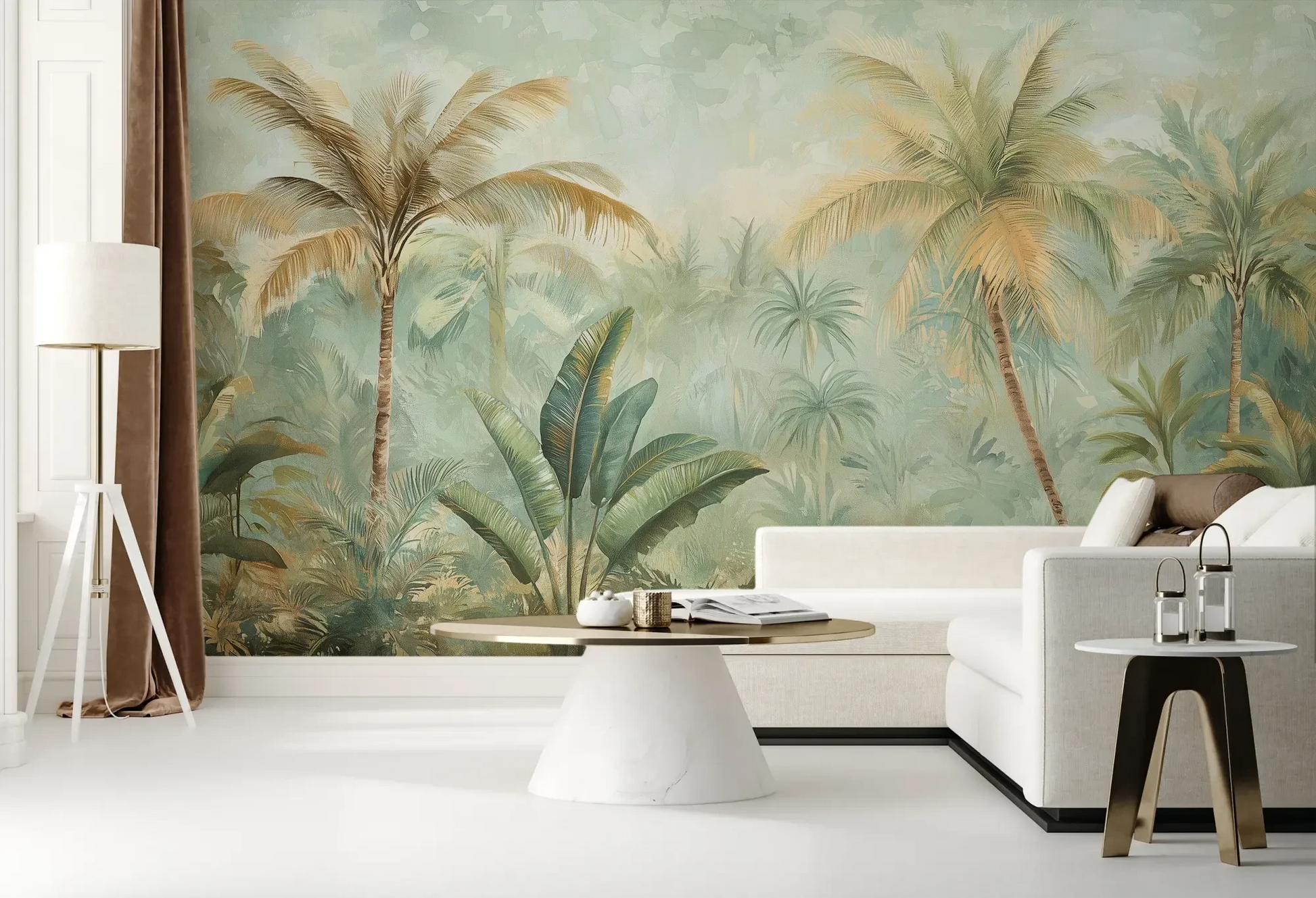 Wzór fototapety PALMERA BREEZE - tapeta z tropikalną oazą palm i roślinności pokazanej w aranżacji salonu.