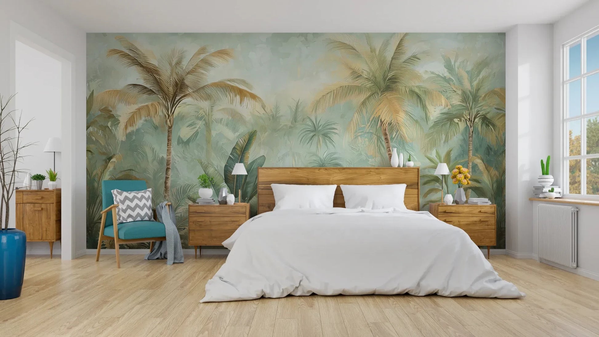 Wzór fototapety PALMERA BREEZE - tapeta z tropikalną oazą palm i roślinności pokazanej w aranżacji sypialni.