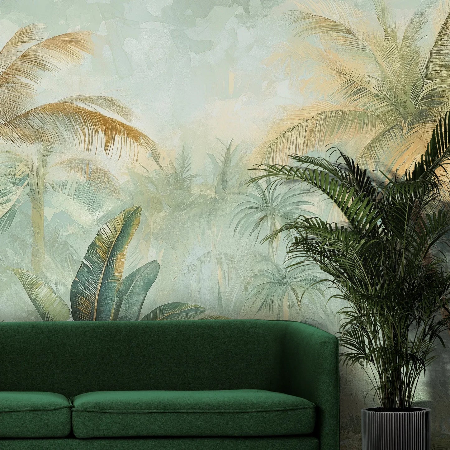 Fototapeta PALMERA BREEZE - tapeta z tropikalną oazą palm i roślinności pokazana w aranżacji wnętrza z akcentem na ścianie.