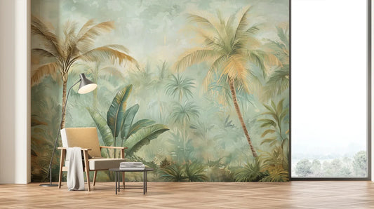 Wzór fototapety PALMERA BREEZE - tapeta z tropikalną oazą palm i roślinności pokazanej w aranżacji salonu.