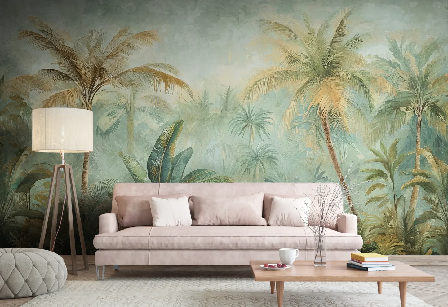 Wzór fototapety PALMERA BREEZE - tapeta z tropikalną oazą palm i roślinności pokazanej w aranżacji salonu.
