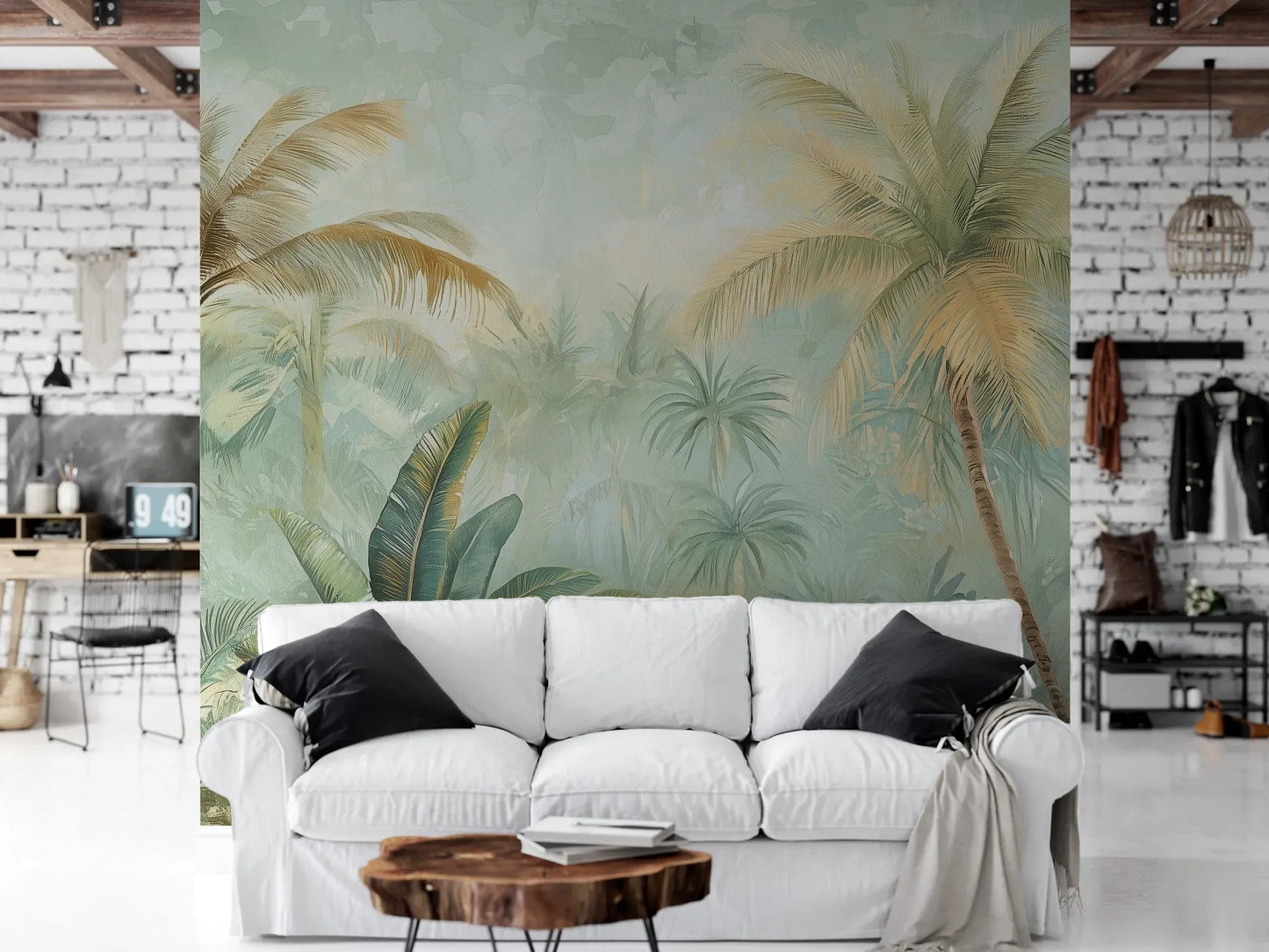 Wzór fototapety PALMERA BREEZE - tapeta z tropikalną oazą palm i roślinności pokazanej w aranżacji salonu.
