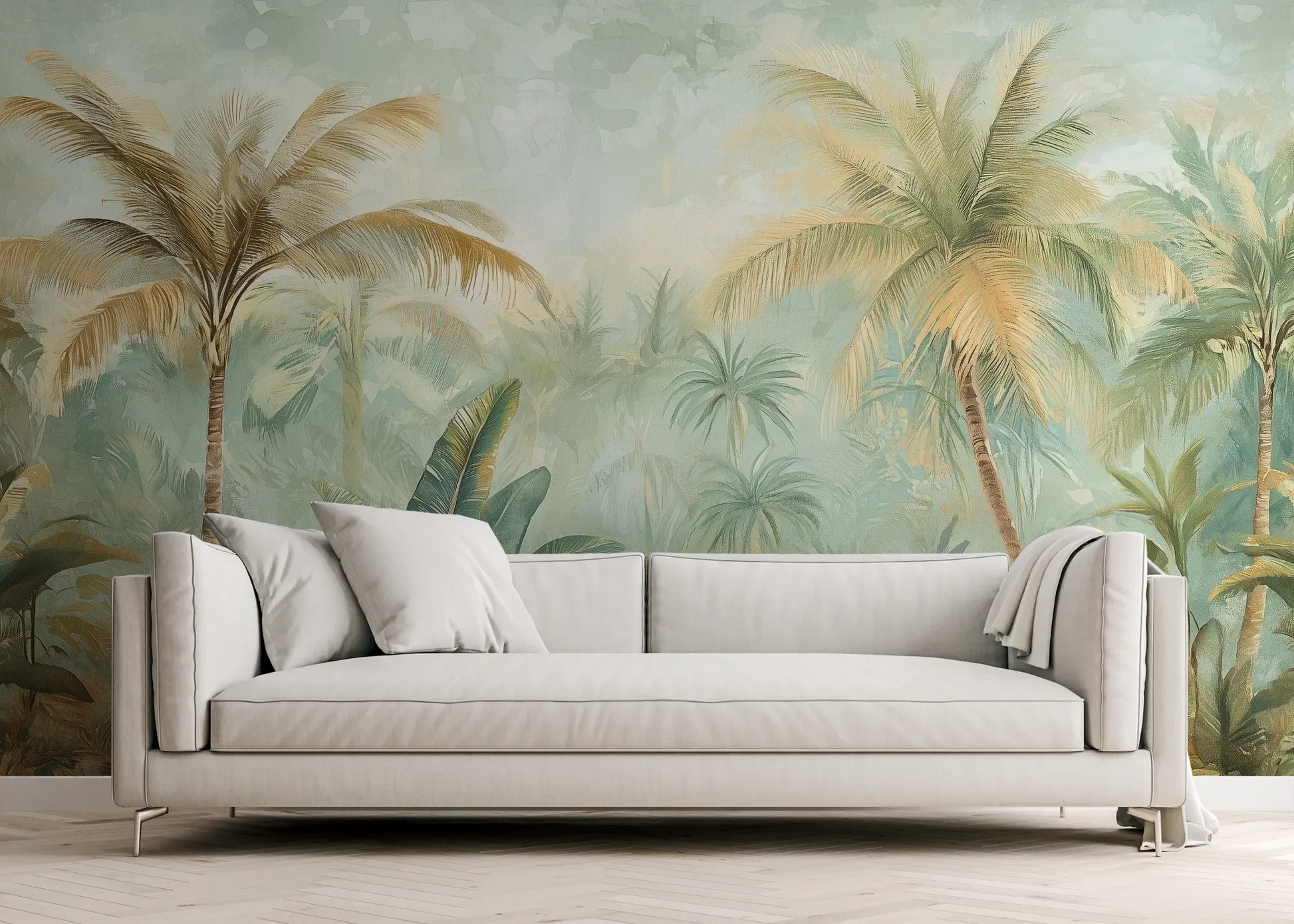 Wzór fototapety PALMERA BREEZE - tapeta z tropikalną oazą palm i roślinności pokazanej w aranżacji salonu.