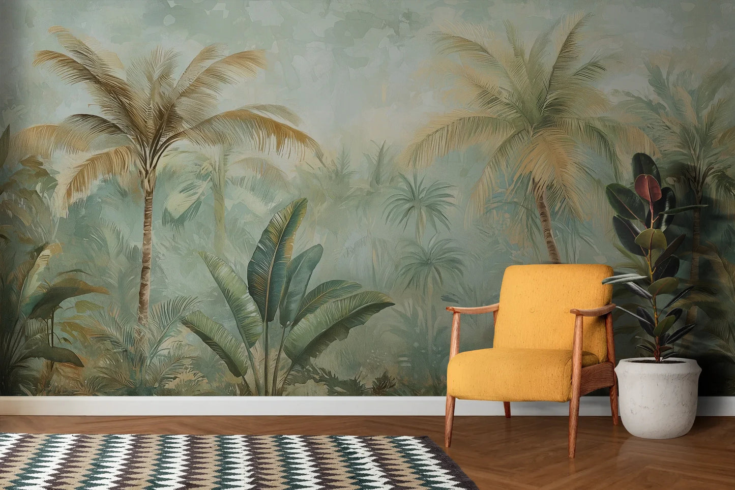 Wzór fototapety PALMERA BREEZE - tapeta z tropikalną oazą palm i roślinności pokazanej w aranżacji salonu.