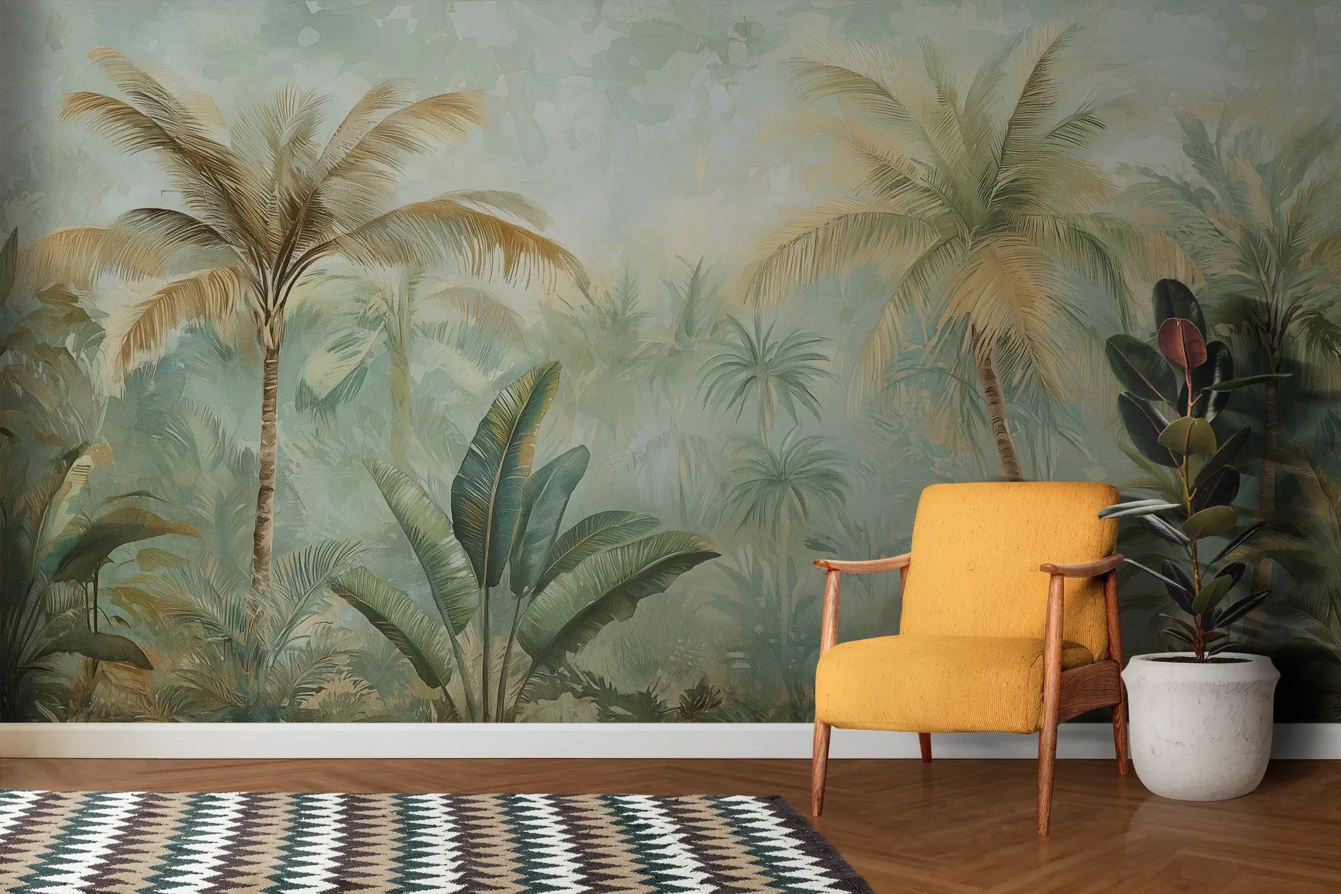 Wzór fototapety PALMERA BREEZE - tapeta z tropikalną oazą palm i roślinności pokazanej w aranżacji salonu.