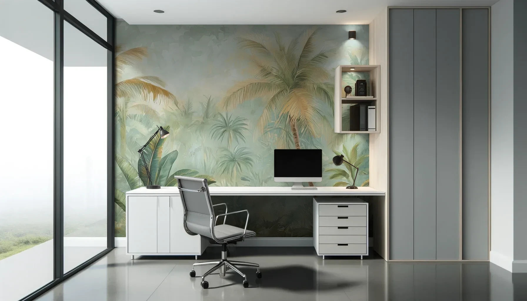Fototapeta PALMERA BREEZE - tapeta z tropikalną oazą palm i roślinności pokazana w aranżacji biura.