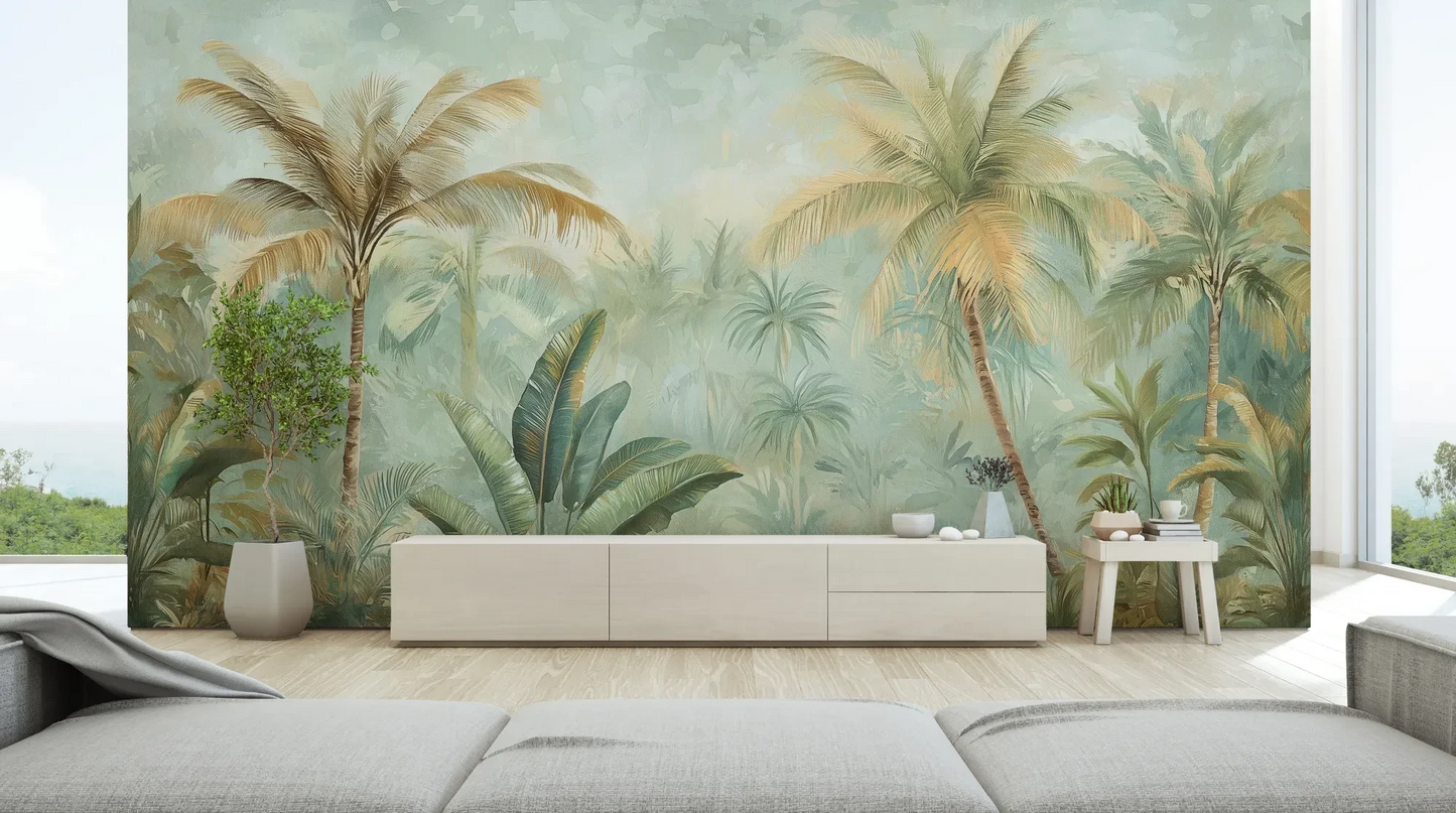Wzór fototapety PALMERA BREEZE - tapeta z tropikalną oazą palm i roślinności pokazanej w aranżacji salonu.