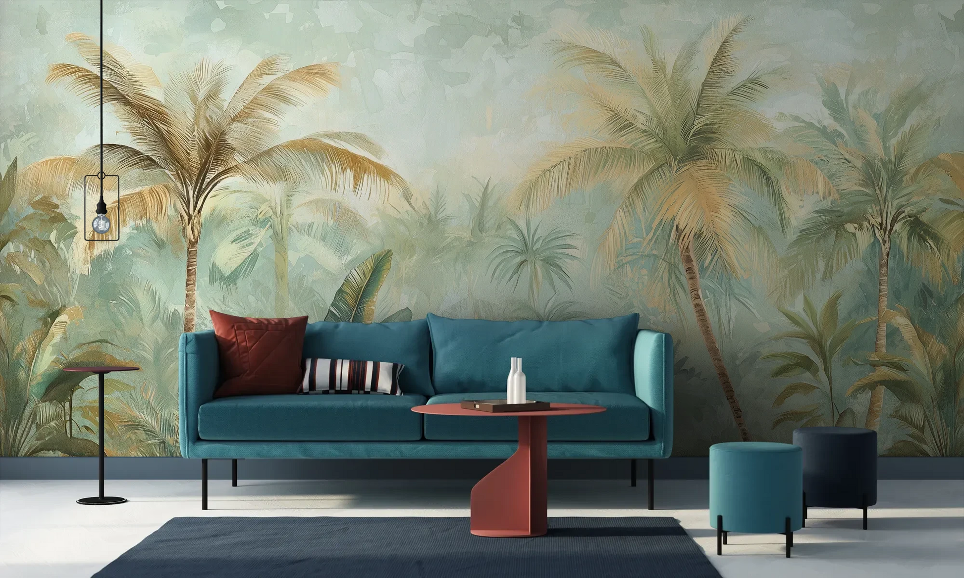 Wzór fototapety PALMERA BREEZE - tapeta z tropikalną oazą palm i roślinności pokazanej w aranżacji salonu.