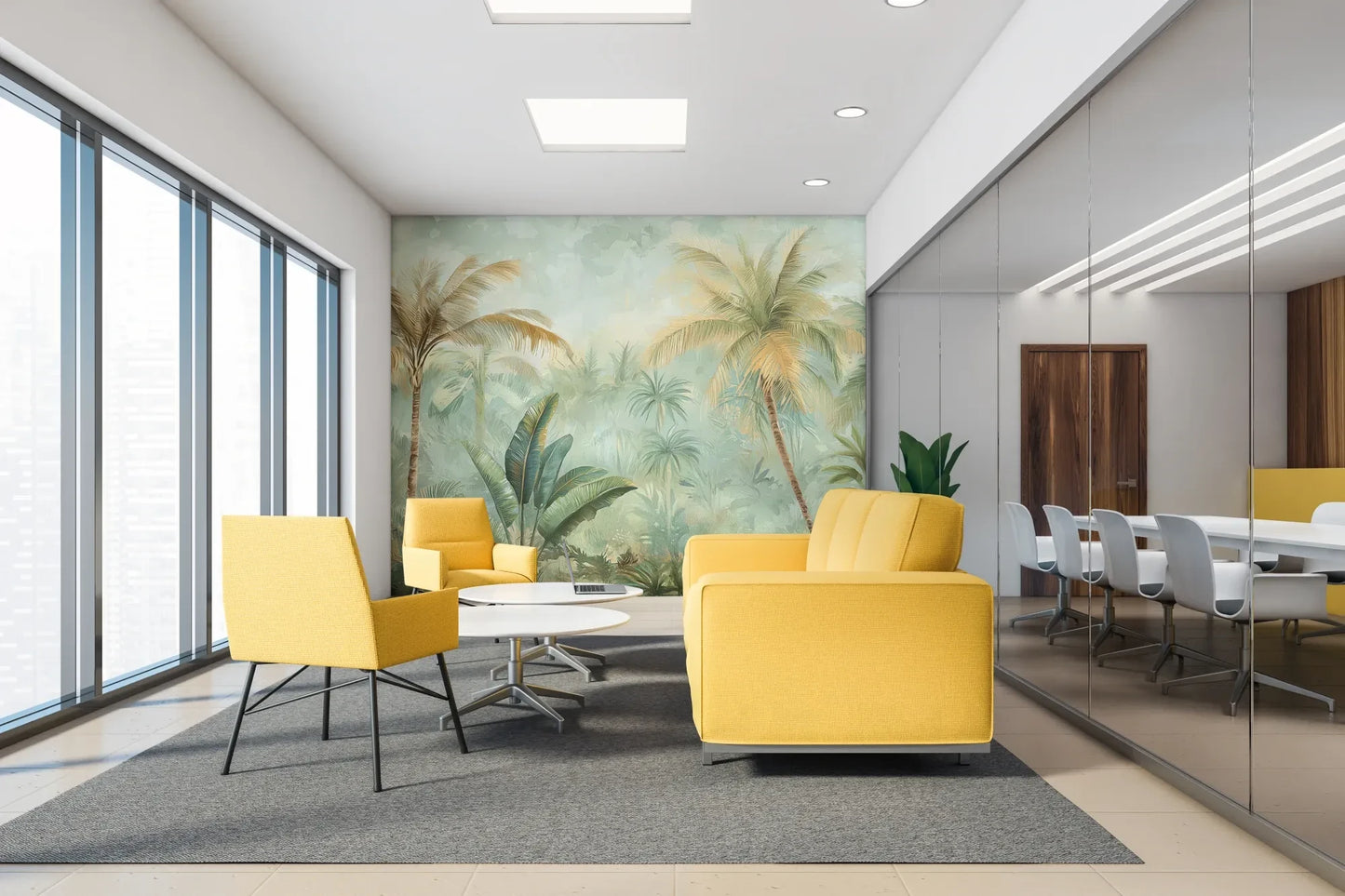 Fototapeta PALMERA BREEZE - tapeta z tropikalną oazą palm i roślinności w aranżacji wnętrza.