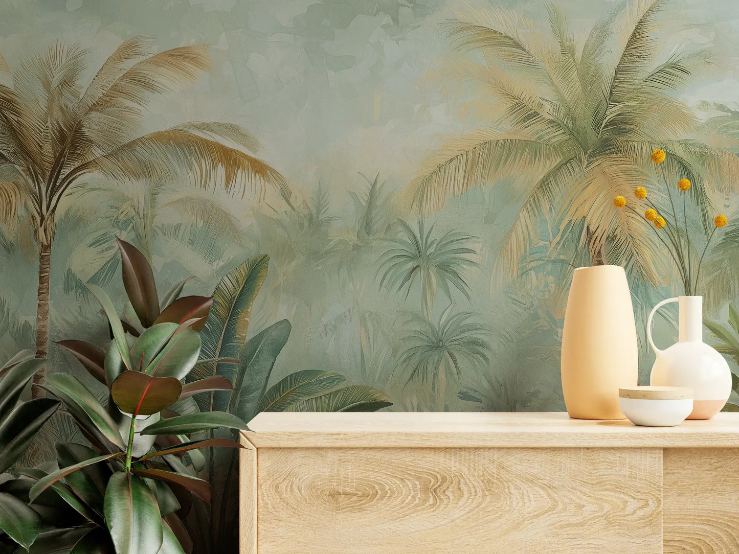 Fototapeta PALMERA BREEZE - tapeta z tropikalną oazą palm i roślinności pokazana w aranżacji wnętrza z akcentem na ścianie.