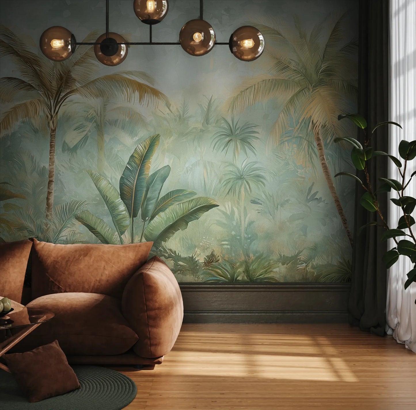 Fototapeta PALMERA BREEZE - tapeta z tropikalną oazą palm i roślinności pokazana w aranżacji wnętrza z akcentem na ścianie.