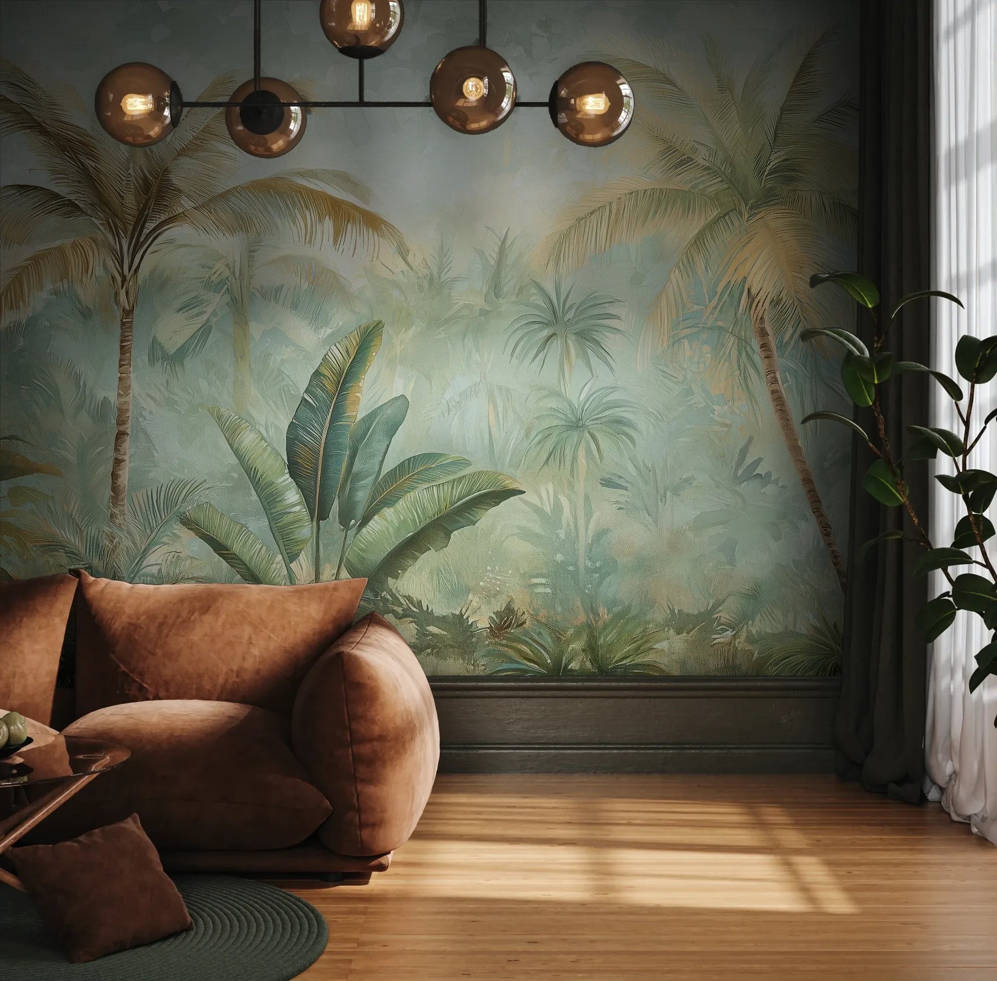 Fototapeta PALMERA BREEZE - tapeta z tropikalną oazą palm i roślinności pokazana w aranżacji wnętrza z akcentem na ścianie.