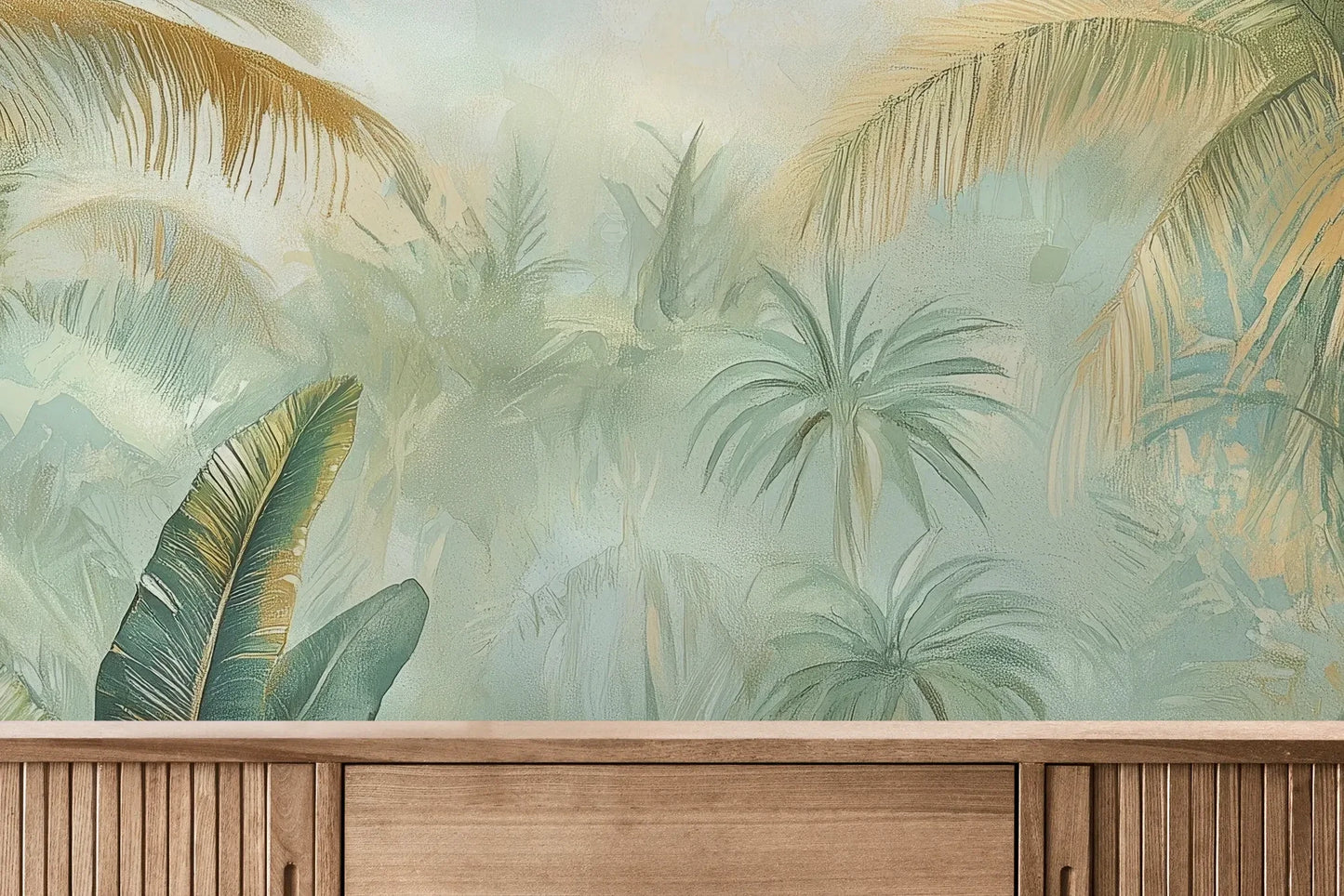 Fototapeta PALMERA BREEZE - tapeta z tropikalną oazą palm i roślinności pokazana w aranżacji wnętrza z akcentem na ścianie.