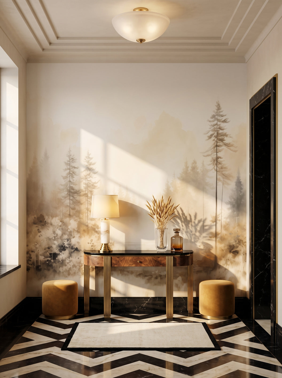 Fototapeta artystyczna o nazwie AUTUMNAL HAZE TRAIL MURAL w aranżacji wnętrza: galeria wejściowa w apartamencie art déco.