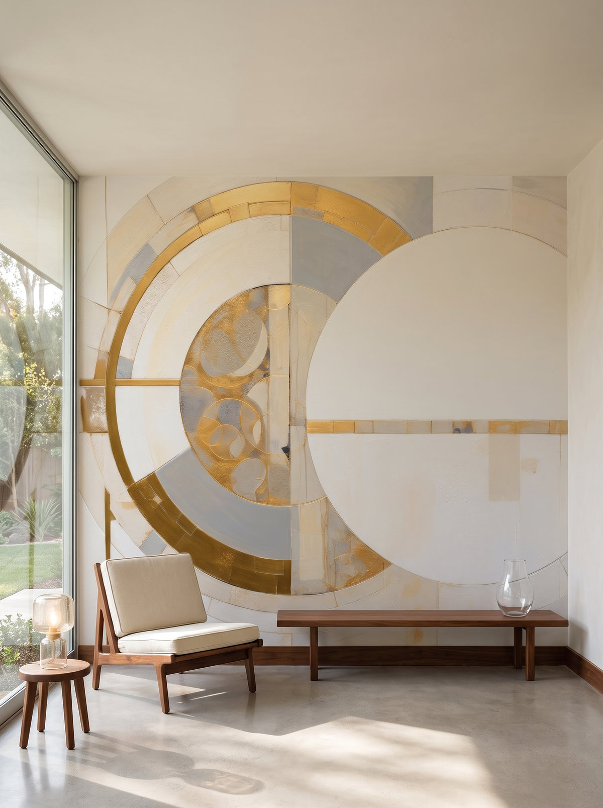 Fototapeta artystyczna o nazwie AUREATE CIRCLE HARMONY w aranżacji wnętrza: salon w kalifornijskim domu mid-century.