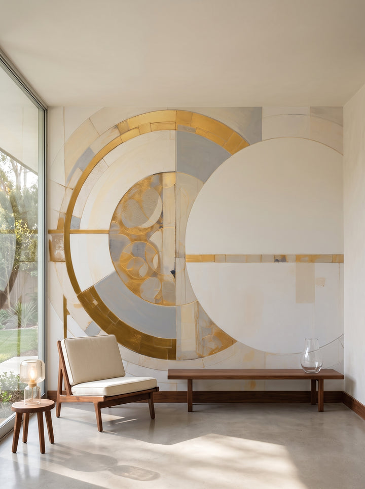 Fototapeta artystyczna o nazwie AUREATE CIRCLE HARMONY w aranżacji wnętrza: salon w kalifornijskim domu mid-century.