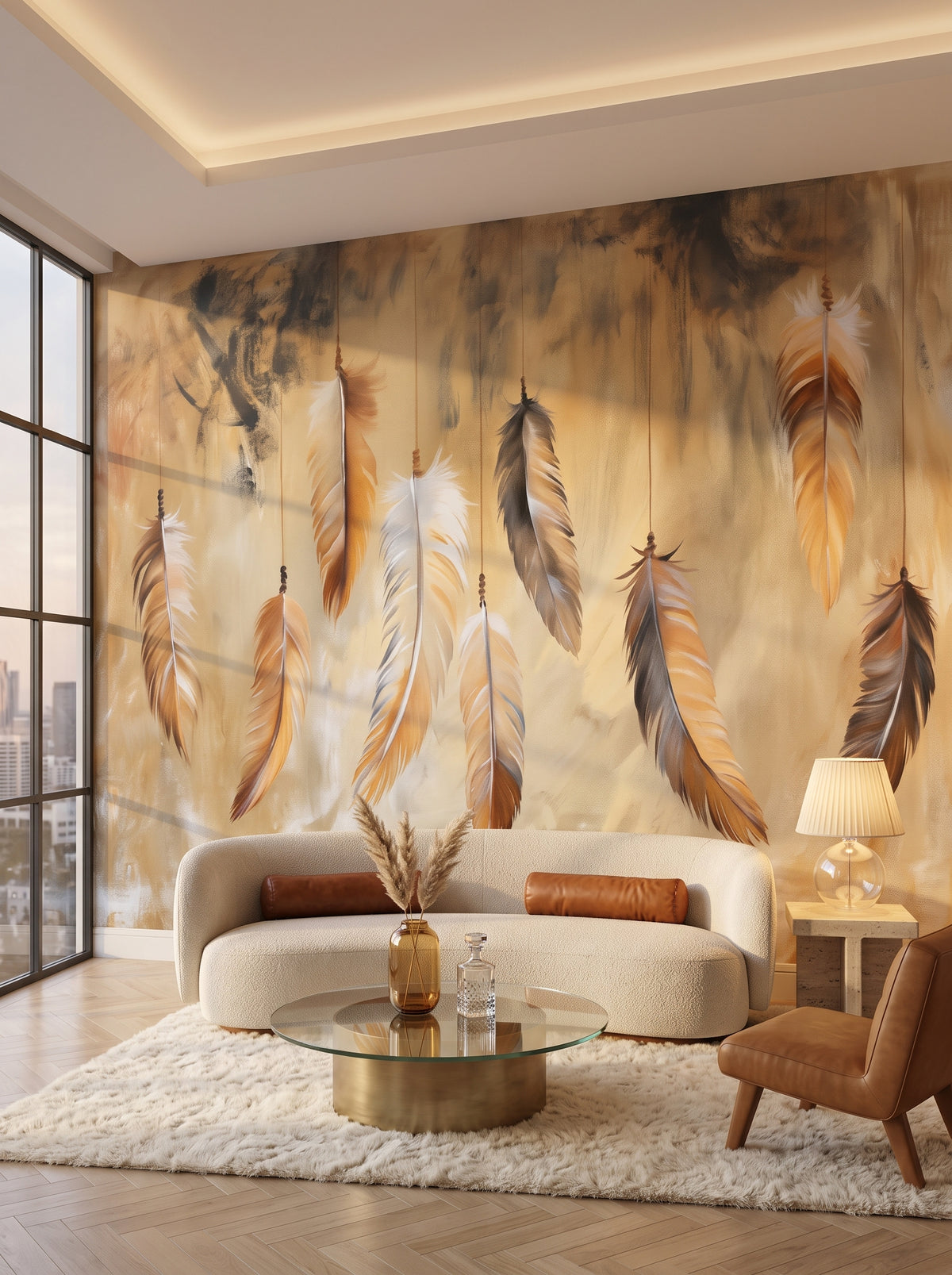 Fototapeta artystyczna o nazwie Golden Feathers w aranżacji wnętrza: salon w penthousie na Manhattanie o zmierzchu.
