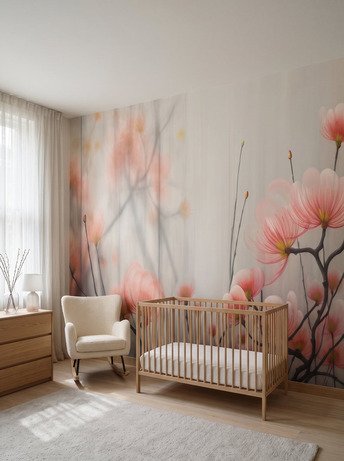 Fototapeta artystyczna o nazwie Morning Blush w aranżacji wnętrza: elegancki pokój niemowlęcy w kamienicy.