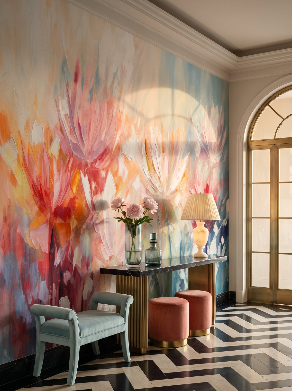 Fototapeta artystyczna o nazwie Radiant Petal Fusion w aranżacji wnętrza: galeria wejściowa w apartamencie Art Deco.