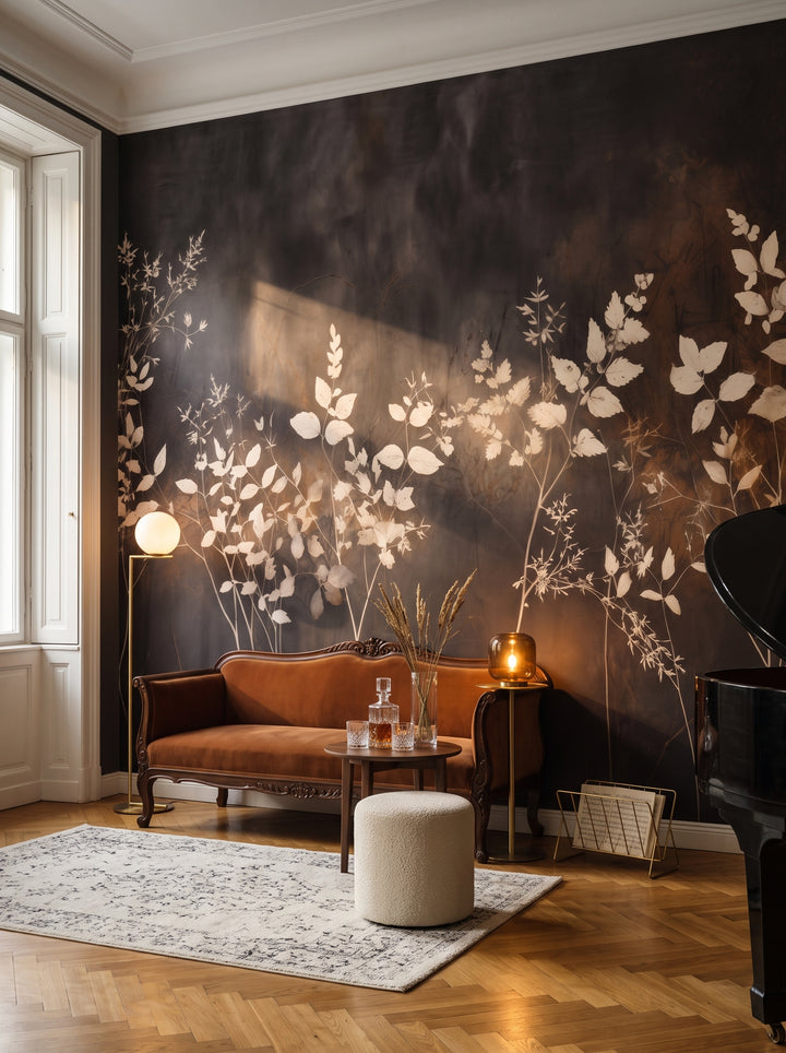 Fototapeta artystyczna o nazwie Misty Floral Contrast w aranżacji wnętrza: pokój muzyczny w wiedeńskiej kamienicy.