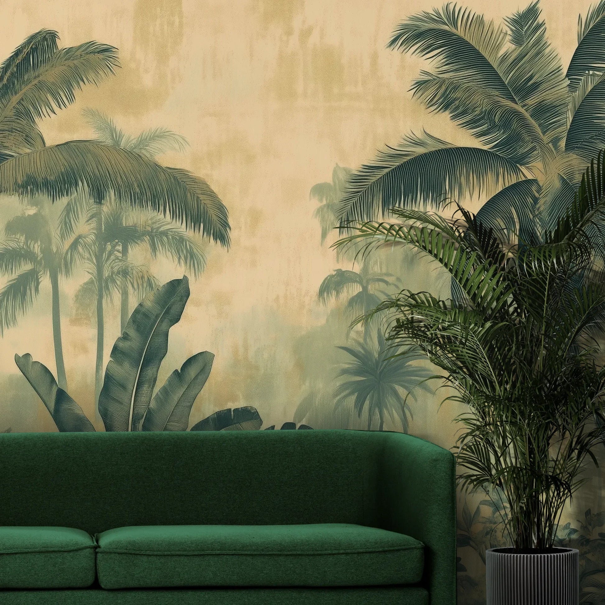 Fototapeta PALMERA VISTA - tapeta z tropikalną dżunglą w sepii pokazana w aranżacji wnętrza z akcentem na ścianie.