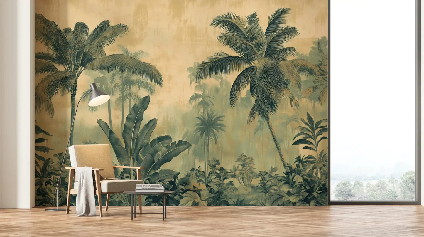 Wzór fototapety PALMERA VISTA - tapeta z tropikalną dżunglą w sepii pokazanej w aranżacji salonu.