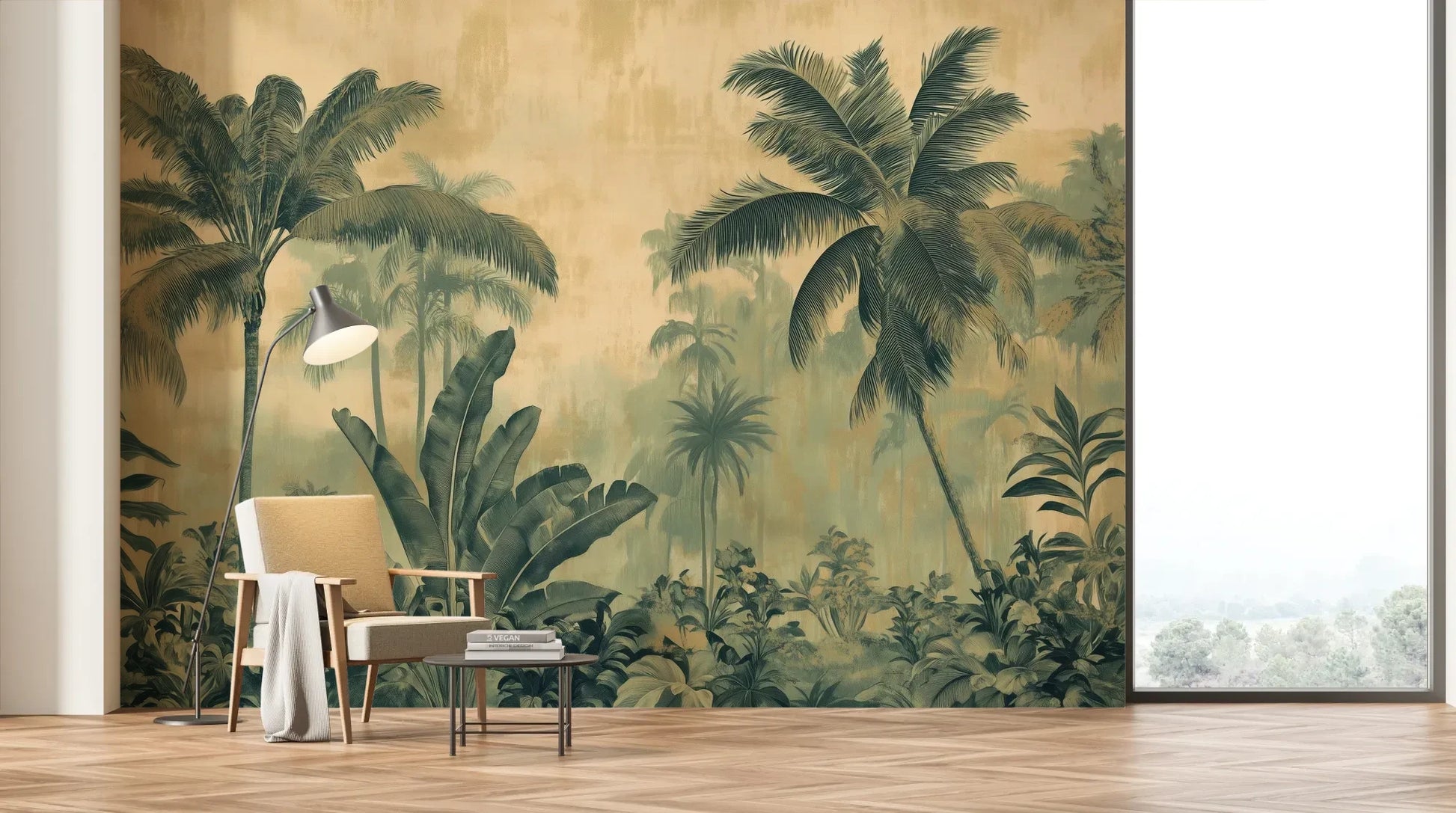 Wzór fototapety PALMERA VISTA - tapeta z tropikalną dżunglą w sepii pokazanej w aranżacji salonu.
