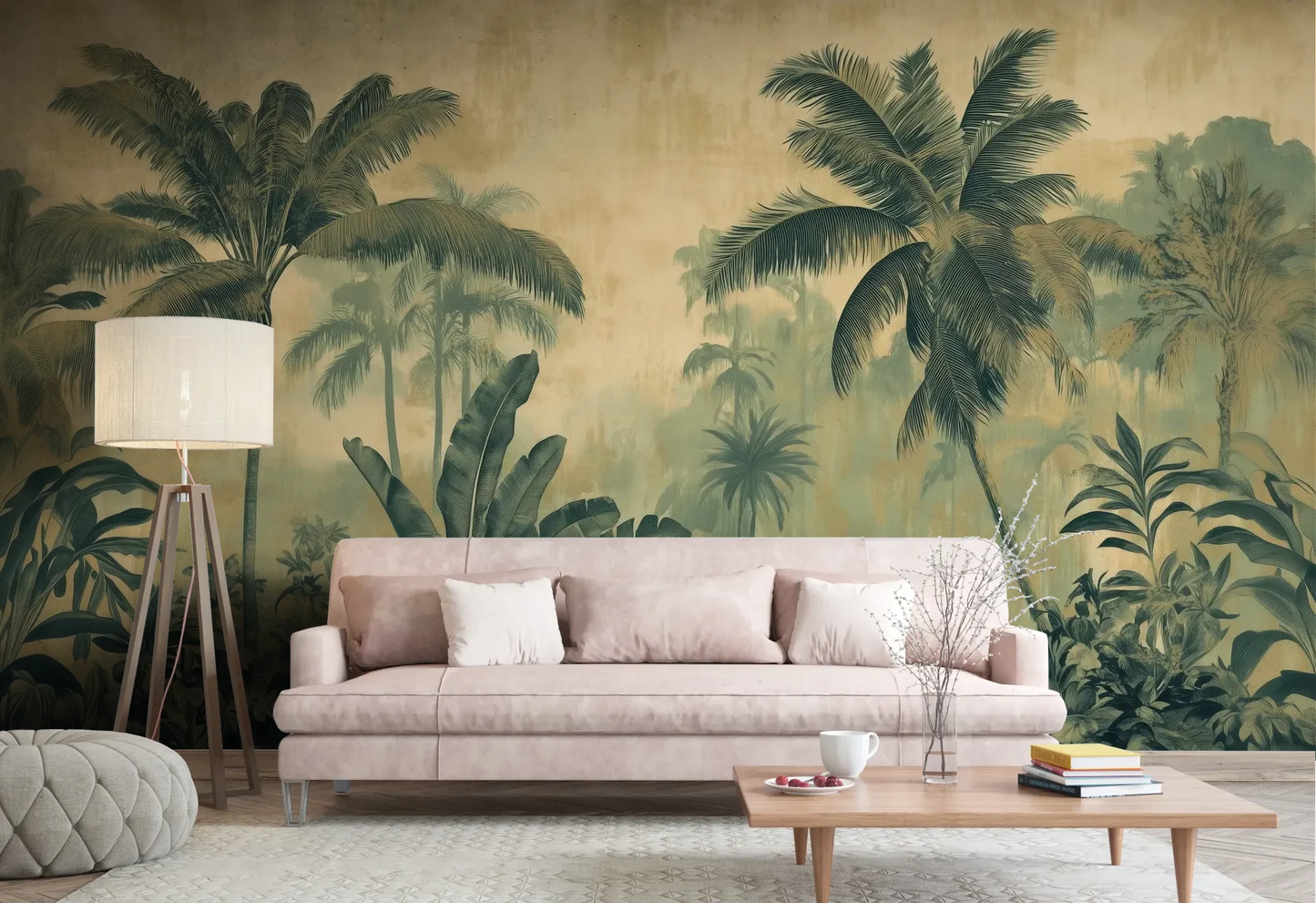 Wzór fototapety PALMERA VISTA - tapeta z tropikalną dżunglą w sepii pokazanej w aranżacji salonu.