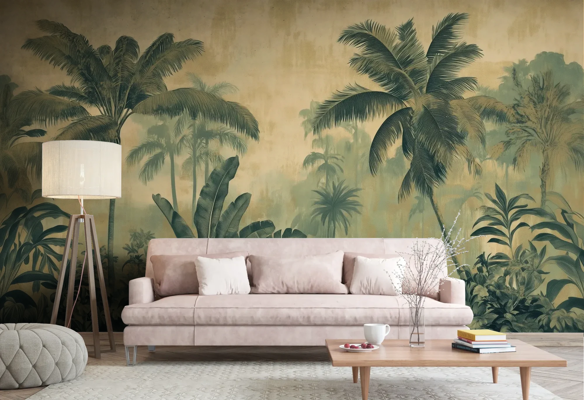 Wzór fototapety PALMERA VISTA - tapeta z tropikalną dżunglą w sepii pokazanej w aranżacji salonu.