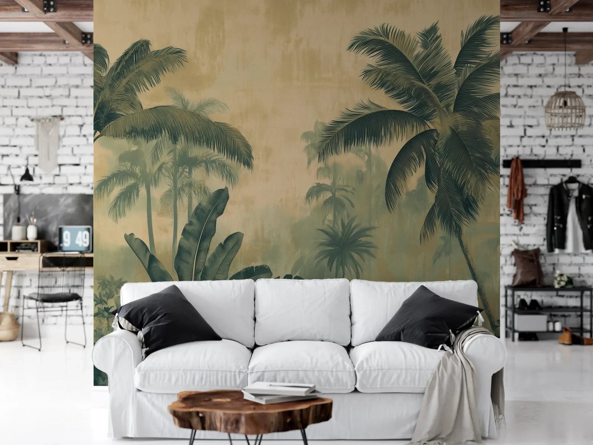 Wzór fototapety PALMERA VISTA - tapeta z tropikalną dżunglą w sepii pokazanej w aranżacji salonu.