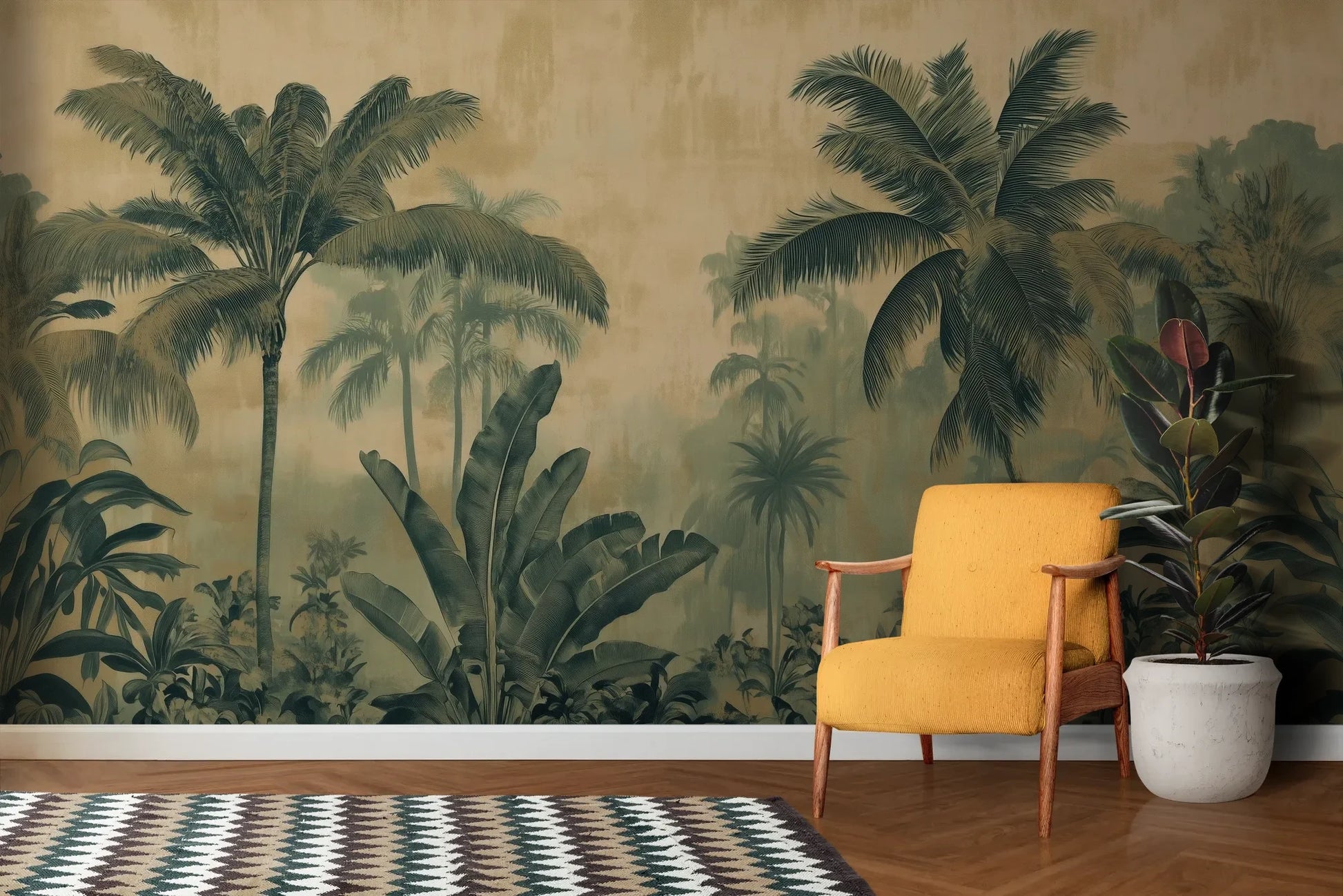 Wzór fototapety PALMERA VISTA - tapeta z tropikalną dżunglą w sepii pokazanej w aranżacji salonu.