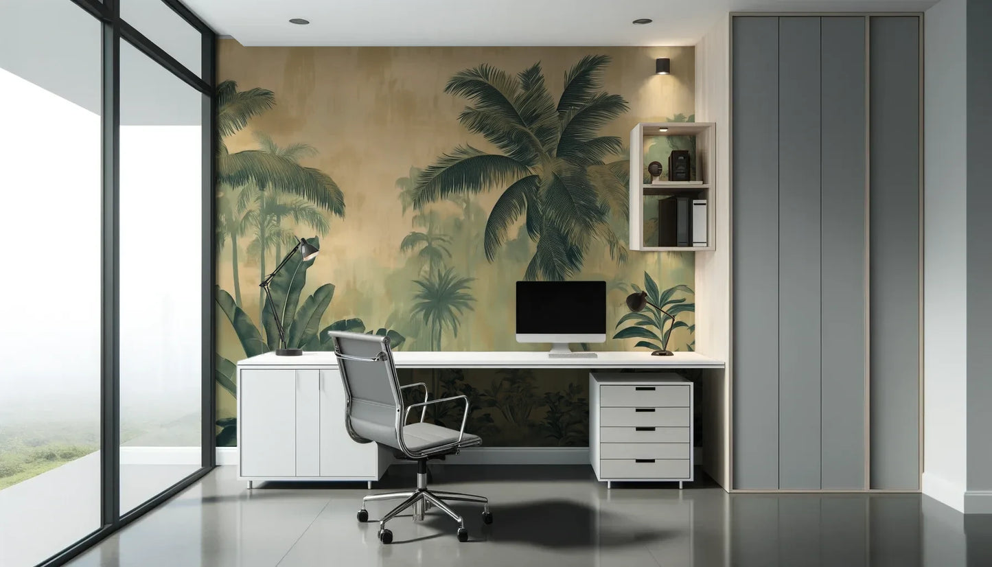 Fototapeta PALMERA VISTA - tapeta z tropikalną dżunglą w sepii pokazana w aranżacji biura.