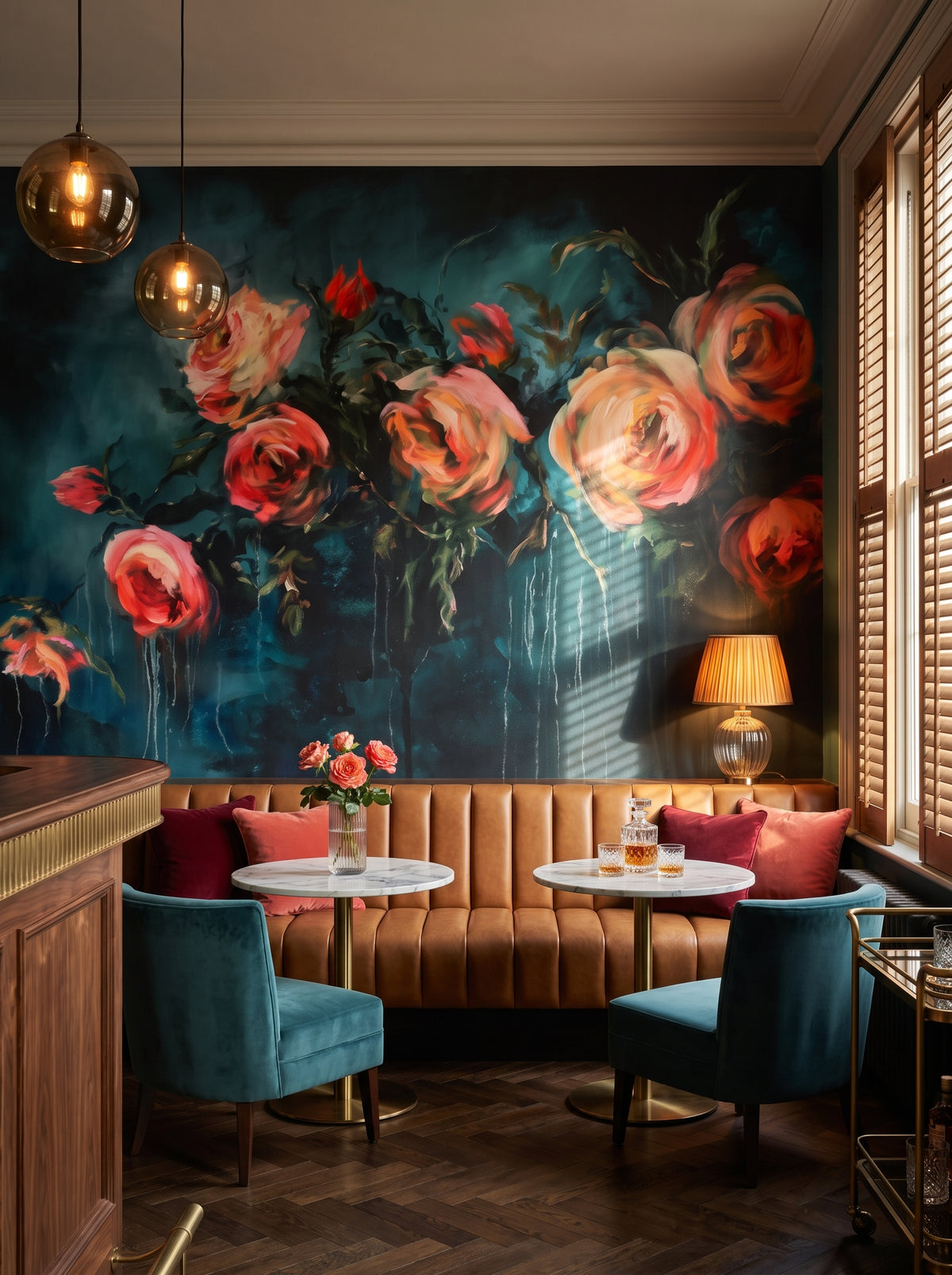 Fototapeta artystyczna o nazwie Crimson Tide w aranżacji wnętrza: bar lounge w butikowym hotelu.