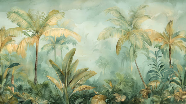 MIST HAVEN - un papier peint de jungle tropicale dans des teintes pastel