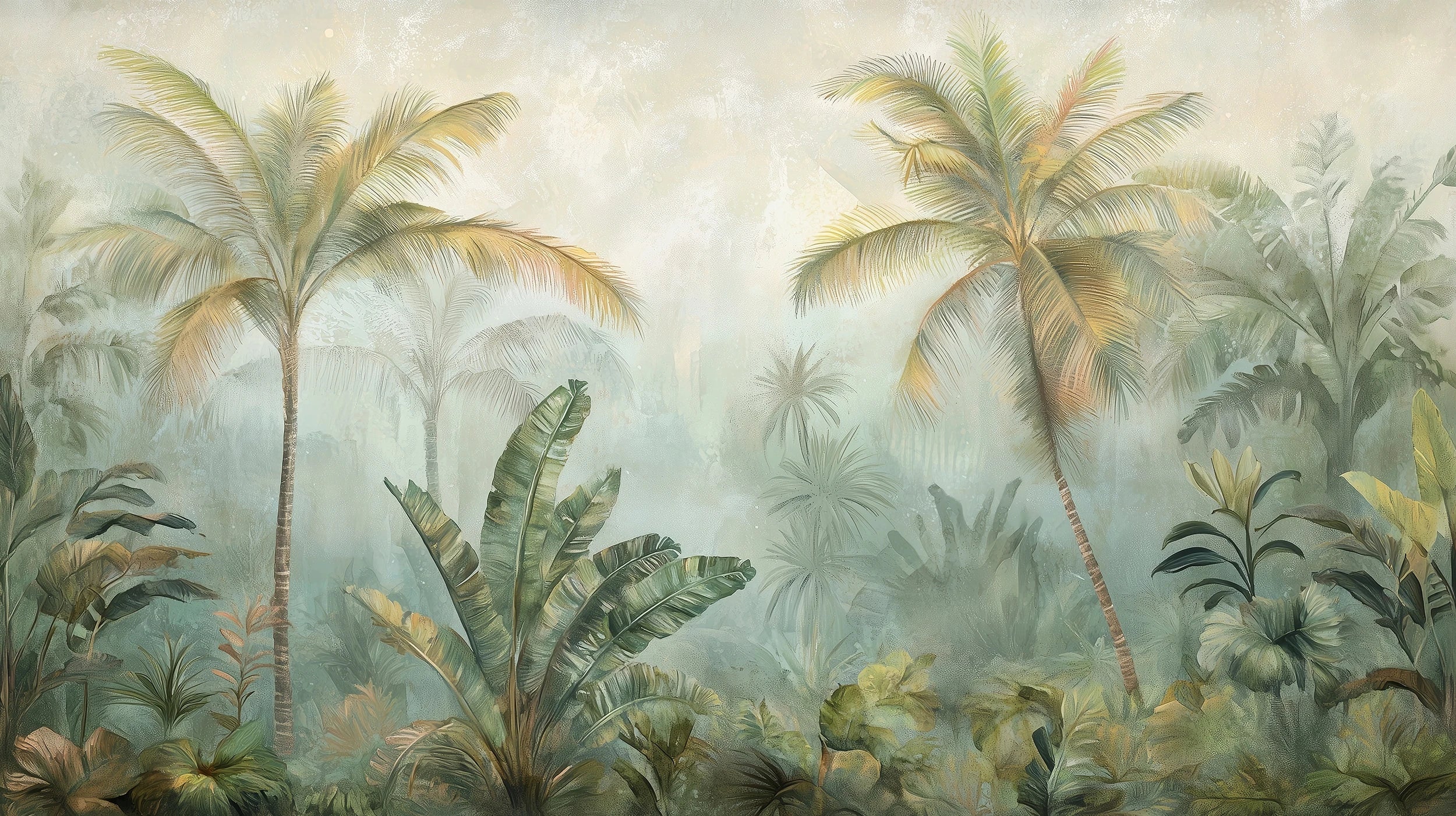 Mustervorschau: Prezentacja całego wzoru fototapety o nazwie MISTY TROPICANA - tapeta z tropikalną dżunglą we mgle