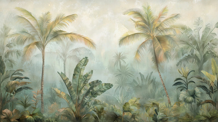 Prezentacja całego wzoru fototapety o nazwie MISTY TROPICANA - tapeta z tropikalną dżunglą we mgle