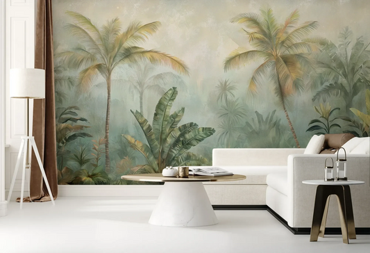Wzór fototapety MISTY TROPICANA - tapeta z tropikalną dżunglą we mgle pokazanej w aranżacji salonu.
