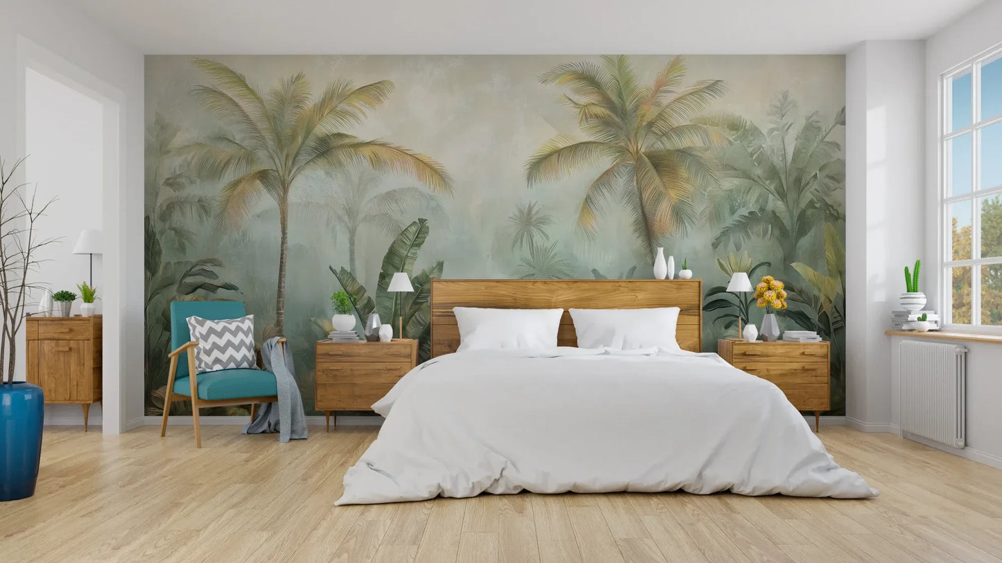 Wzór fototapety MISTY TROPICANA - tapeta z tropikalną dżunglą we mgle pokazanej w aranżacji sypialni.