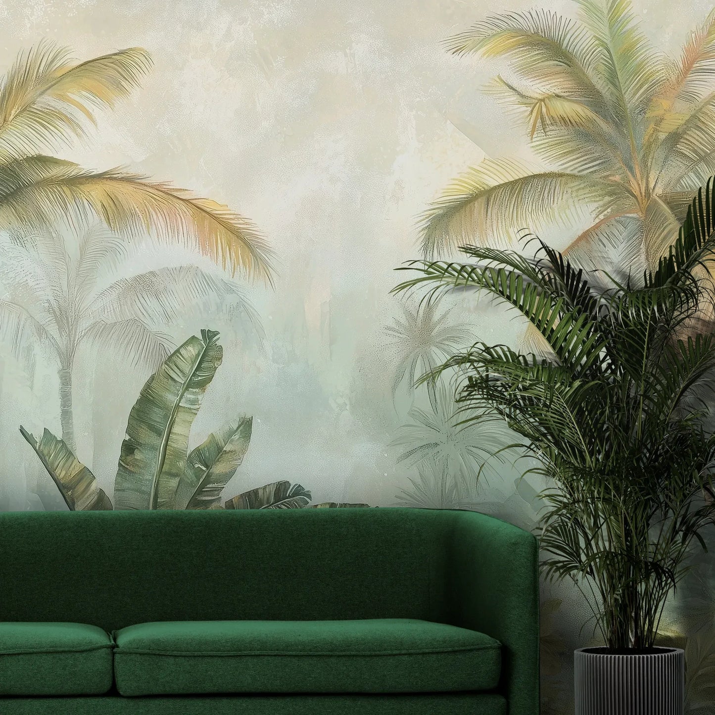 Fototapeta MISTY TROPICANA - tapeta z tropikalną dżunglą we mgle pokazana w aranżacji wnętrza z akcentem na ścianie.