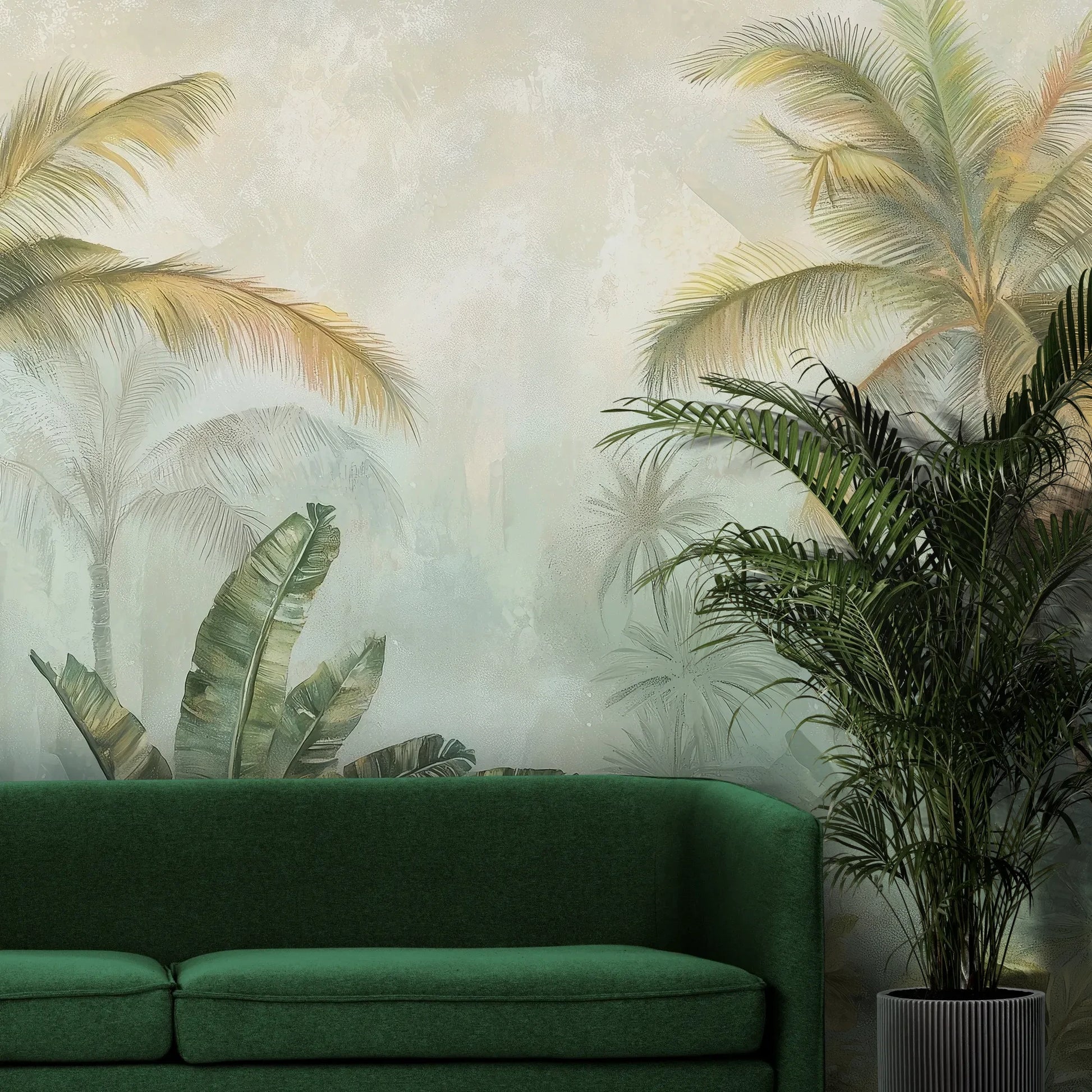 Fototapeta MISTY TROPICANA - tapeta z tropikalną dżunglą we mgle pokazana w aranżacji wnętrza z akcentem na ścianie.