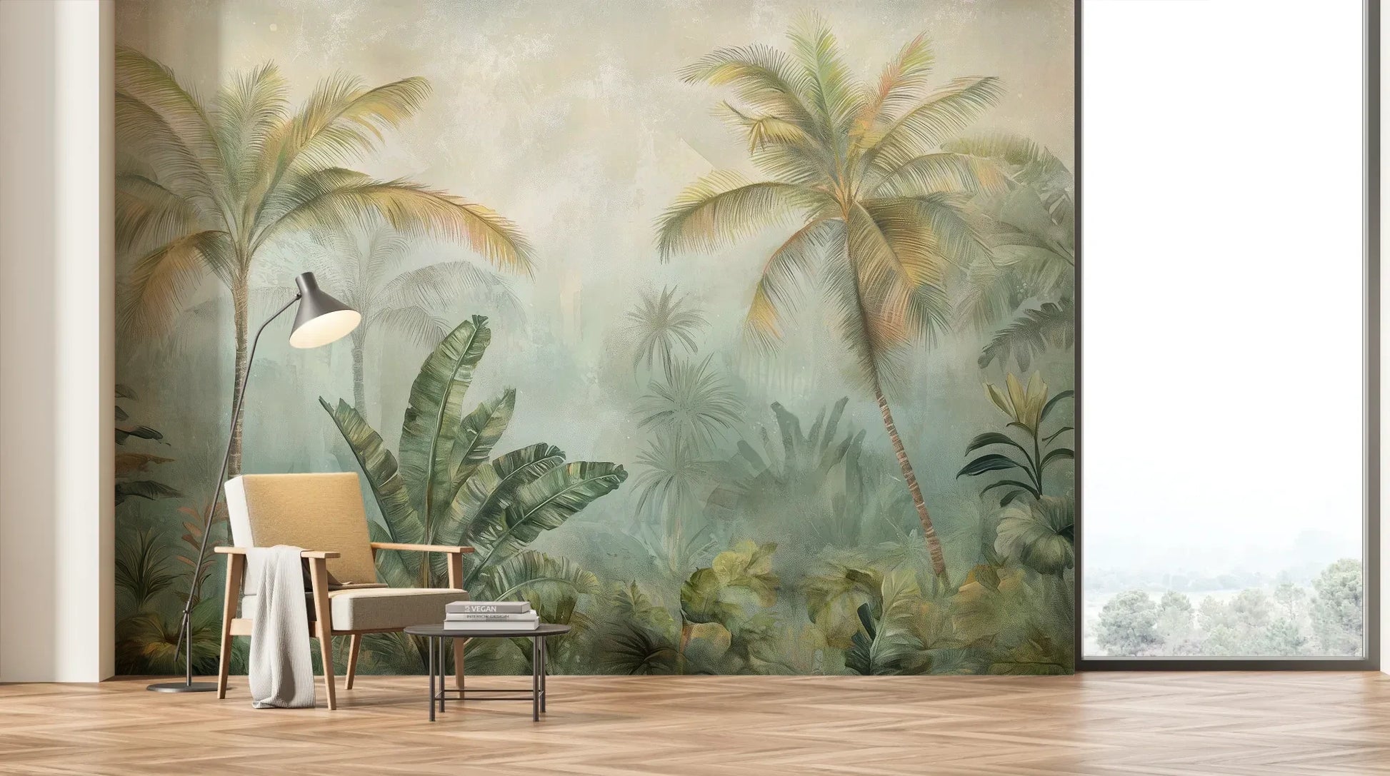 Wzór fototapety MISTY TROPICANA - tapeta z tropikalną dżunglą we mgle pokazanej w aranżacji salonu.