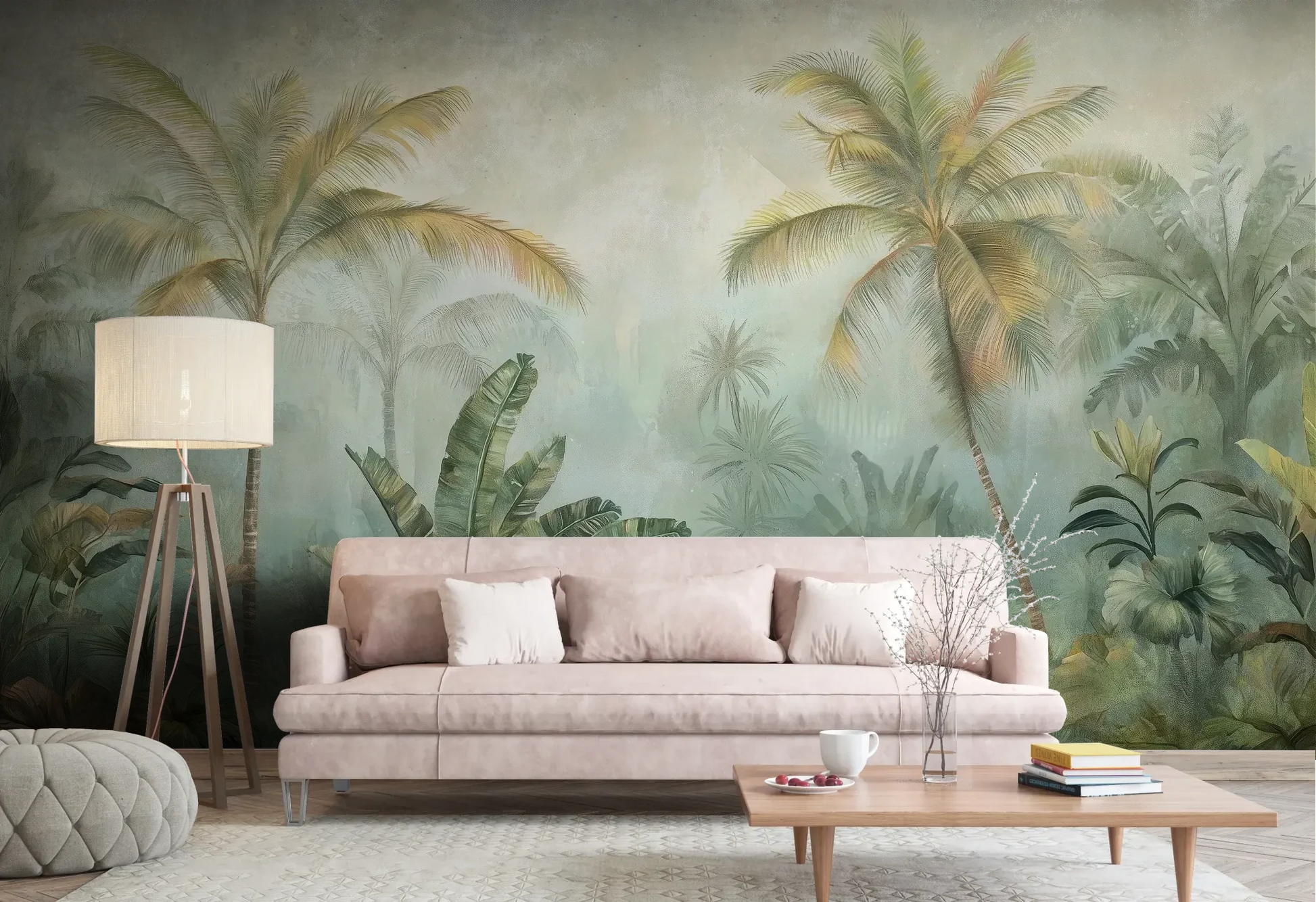 Wzór fototapety MISTY TROPICANA - tapeta z tropikalną dżunglą we mgle pokazanej w aranżacji salonu.