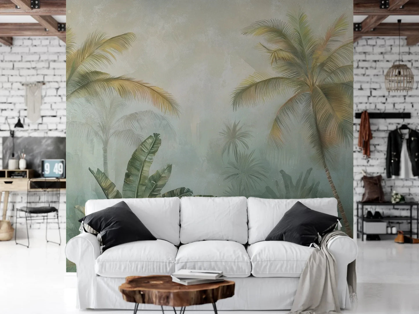 Wzór fototapety MISTY TROPICANA - tapeta z tropikalną dżunglą we mgle pokazanej w aranżacji salonu.