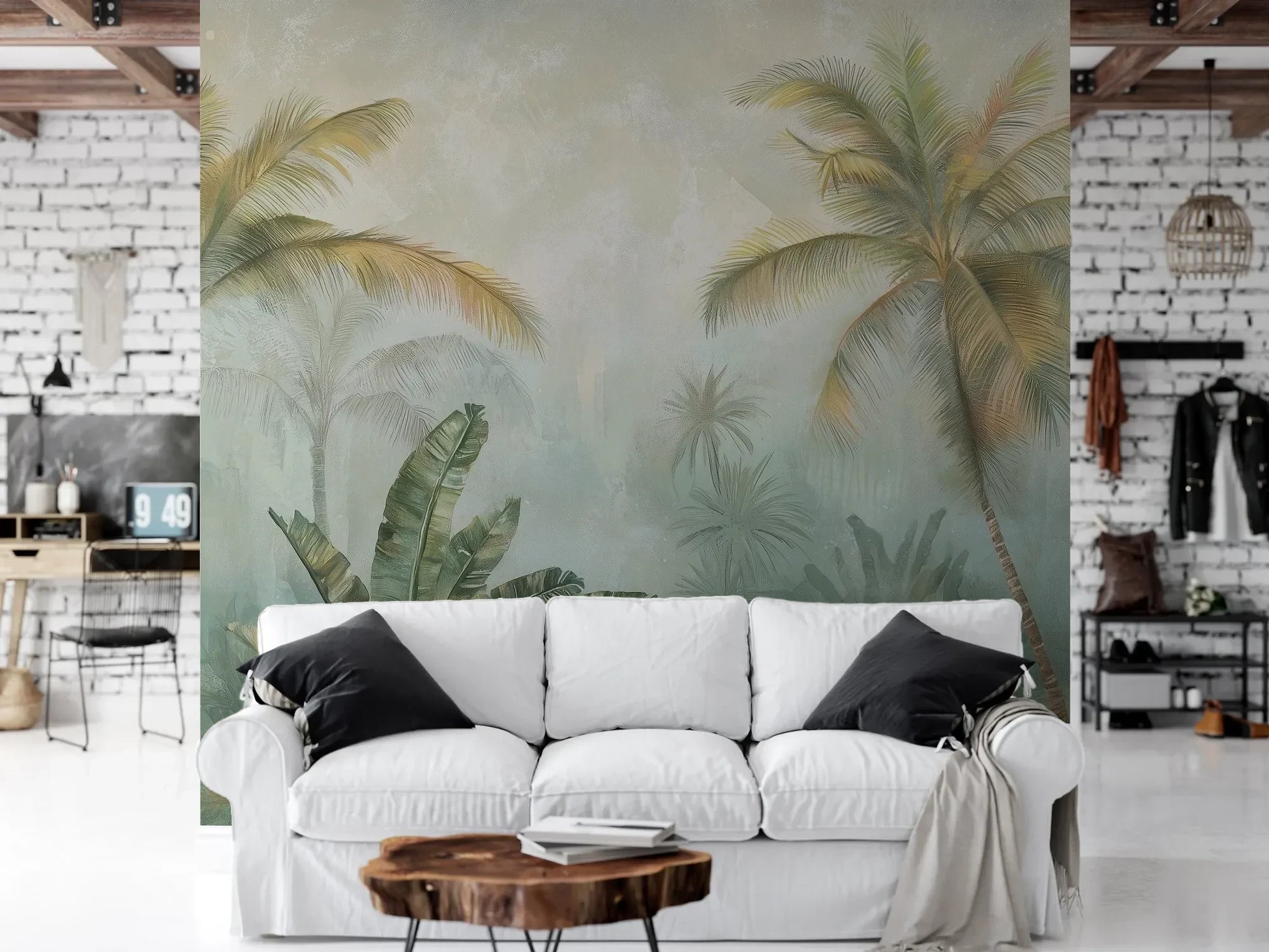 Wzór fototapety MISTY TROPICANA - tapeta z tropikalną dżunglą we mgle pokazanej w aranżacji salonu.