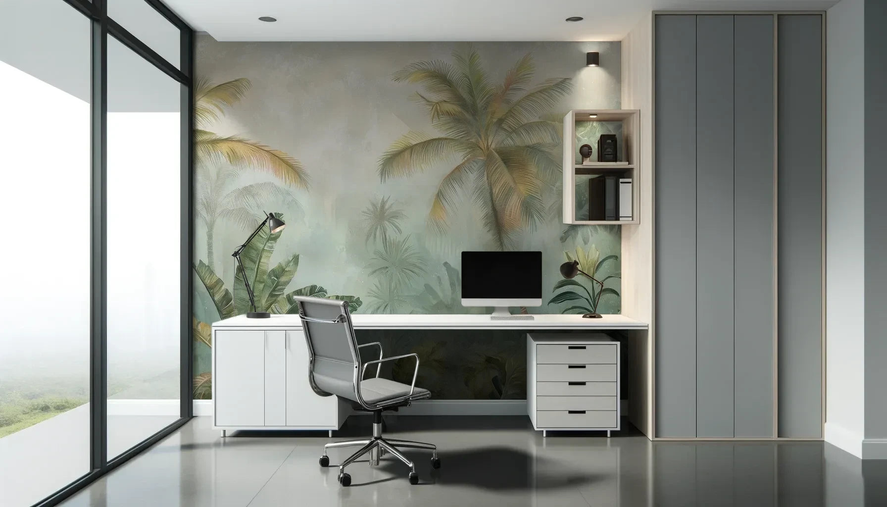 Fototapeta MISTY TROPICANA - tapeta z tropikalną dżunglą we mgle pokazana w aranżacji biura.